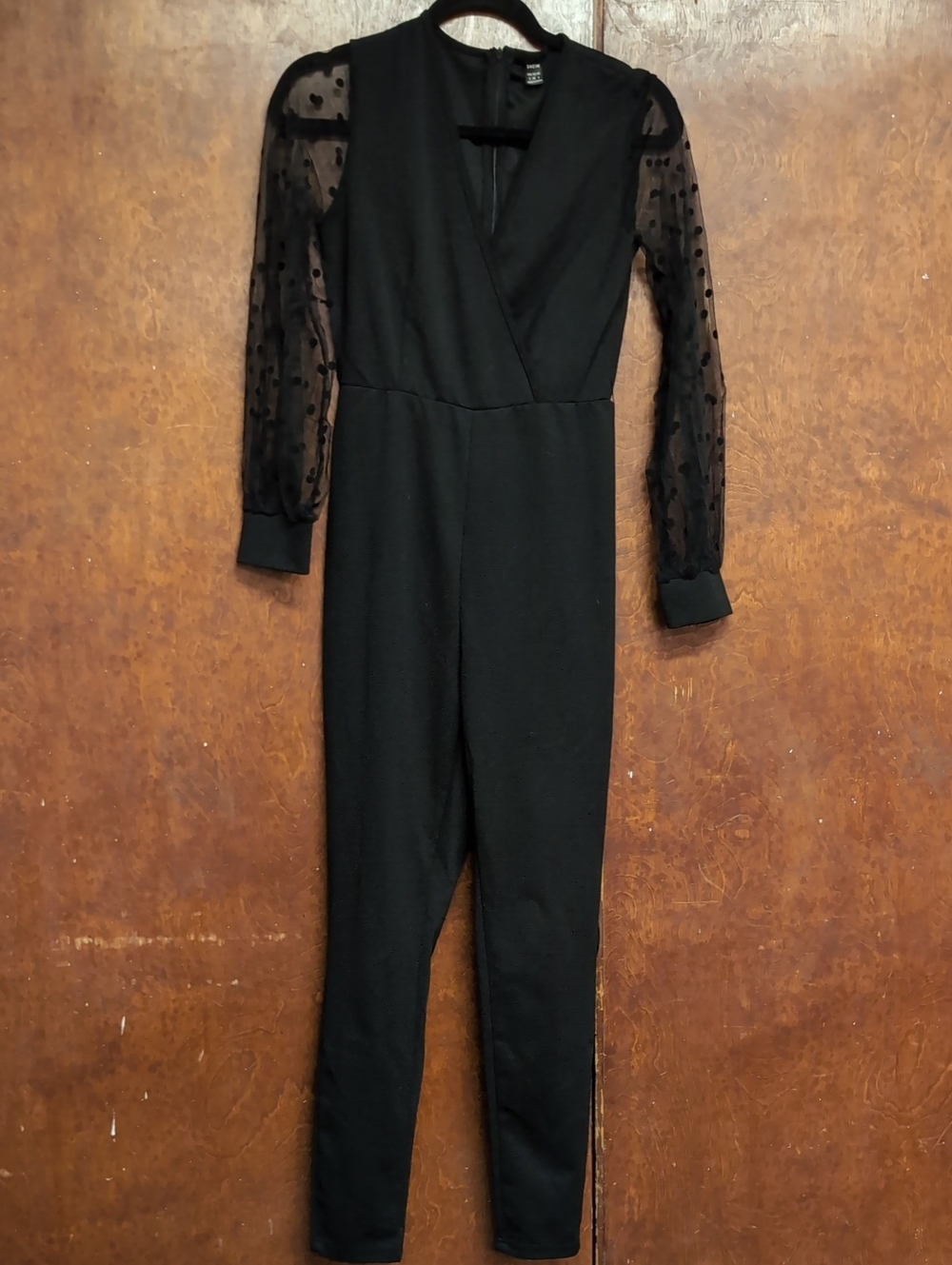 Shein | V-Neck Jumpsuit with Sheer Mesh Swiss Dot Sleeves